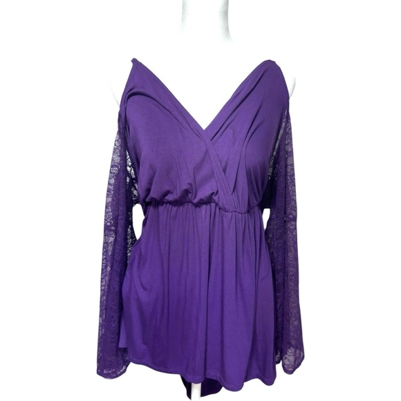 Torrid Babydoll Super Soft Surplice Cold Shoulder Lace Bell Sleeve Top - Picture 2 of 7